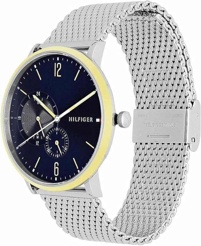 Elegant Thommy Hilfiger horloge ,blauwe wijzer plaat, RVS milaness band, 3ATM.