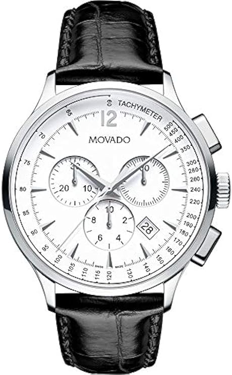 Movado herenhorloge met chronograaf. Zwart lederen band.
Tachymeter en datumweergave op de wijzerplaat