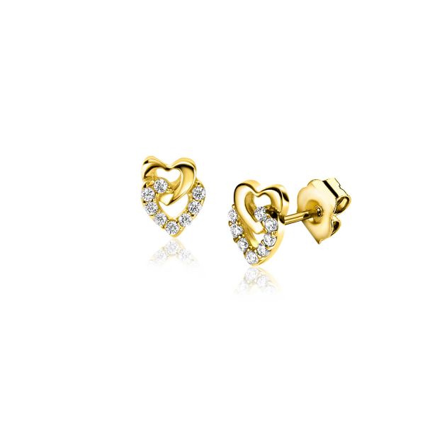 ZINZI Gold 14 krt gouden oorknoppen waarbij twee open hartjes mooi met elkaar verbonden zijn: een glad open hartje en een groter open hartje bezet met witte zirconia's. De oorsieraden zijn 6mm lang. Vervaardigd van geheel 14 karaat goud (585).