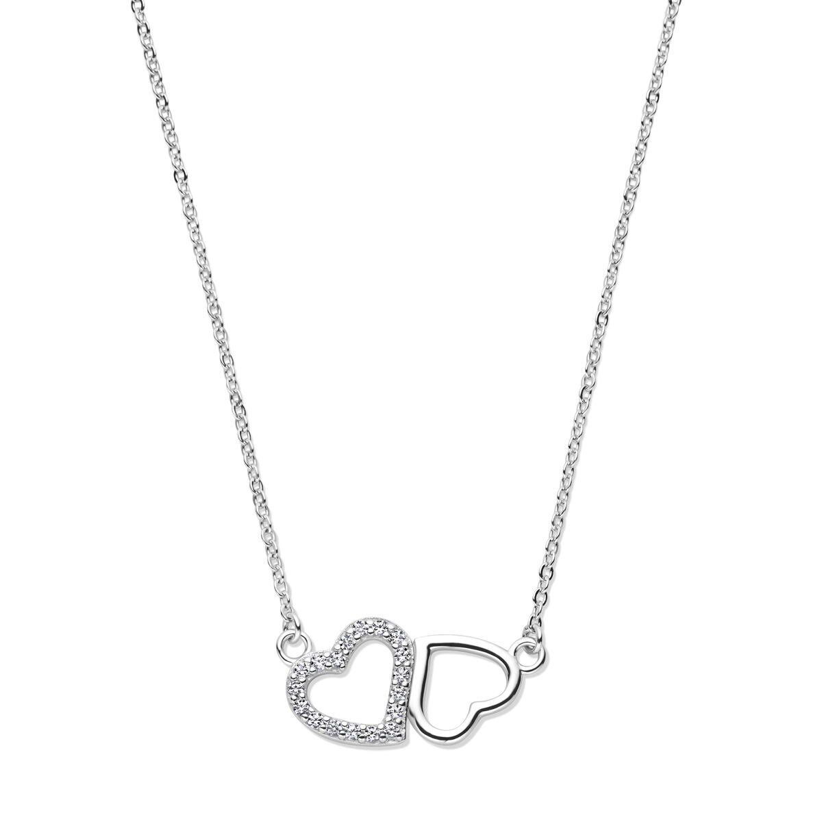 Gerhodineerd 925 zilveren collier uitgevoerd met twee harten en zirkonia. Het collier heeft een draaglengte van 42cm met 3cm extensie. Uitgevoerd met karabijnsluiting. De schakelbreedte is 2mm