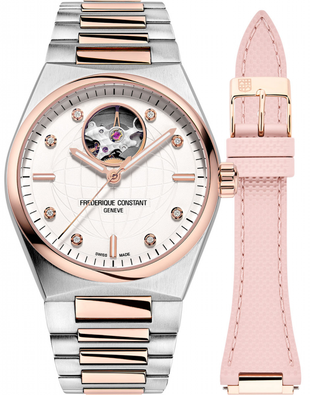 
Dit bicolor dameshorloge van Frederique Constant is onderdeel van de Highlife collectie. Het bijzondere van deze collectie zijn de speciaal ingebouwde horlogebanden. De band van dit model loopt perfect over in de horlogekast. De horloges in deze serie zijn van hoge kwaliteit, en gemaakt voor dagelijks gebruik. 

Dit model is uitgevoerd met een edelstalen horlogekast (diameter 34mm). Het mechanische uurwerk, met een gangreserve van 38 uur, is door de 'Heart Beat' in de wijzerplaat en de opengewerkte achterzijde altijd zichtbaar voor de drager. Op de lichte wijzerplaat zijn schitterende diamanten gezet met een totaal gewicht van 0,04crt. Dit horloge is standaard uitgevoerd met een rosé gold-plated horlogeband. Bij dit model wordt ook een extra rubberen band in roze kleur geleverd, die door het gemakkelijke bandwisselsysteem bevestigd kan worden. De FC-310VD2NH2B is het ultieme polshorloge voor vrouwen die op zoek zijn naar een bijzonder luxe horloge gecombineerd met een verfijnd uiterlijk.