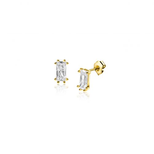 ZINZI Gold 14 krt gouden oorknoppen (5mm) met achtpootszetting en baguette geslepen rechthoekige witte zirconia. Ze glinsteren sierlijk in het oor! Vervaardigd van geheel 14 karaat goud (585).