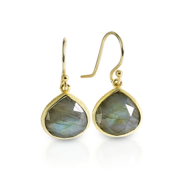 Huiscollectie - Zilveren oorhangers, verguld, bezet met Labradoriet 14x14mm, 2.9cm lang