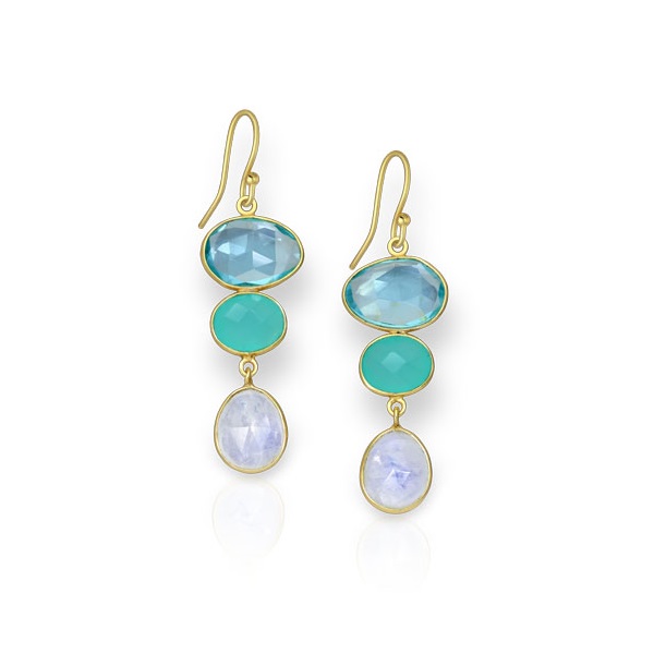 Huiscollectie - Zilveren oorhangers, verguld, bezet met Chalcedoon 10x8mm, Maansteen 11x9mm, en perenpit topaas kleurig glas 14x10mm, 3.5cm lang