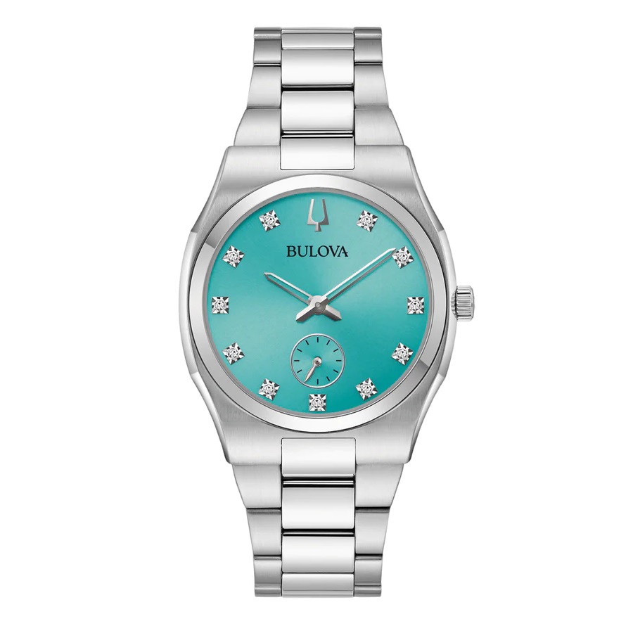  Bulova - Sportief dameshorloge met aquablauwe wijzerplaat ,index met diamantjes en kleine secondewijzer