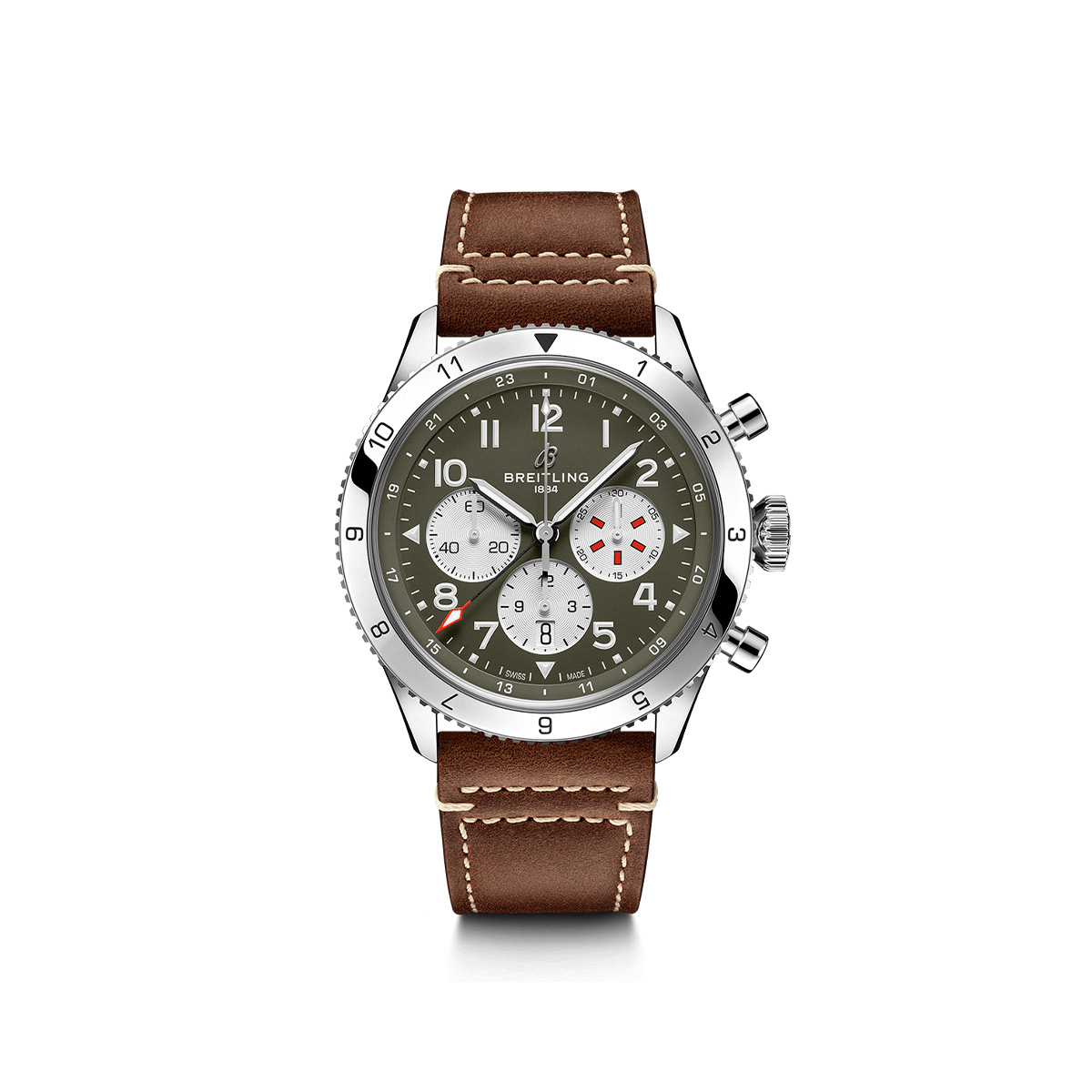 Dit Breitling horloge behoort tot de Breitling Classic AVI collectie. 
Referentienummer: AB04452A1L1X1
Caliber: Breitling 04 (Manufacture)
