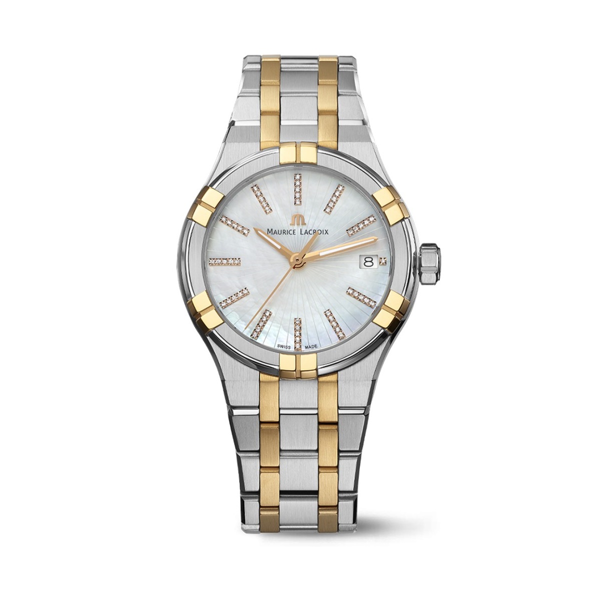 Maurice Lacroix - Aikon Date 35mm Bicolour parelmoer wijzerplaat bezet met diamant. Quartz 100m WR Saffierglas