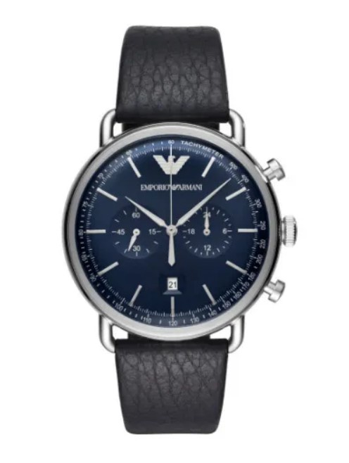 Armani horloge met zwart lederen band - blauwe wijzerplaat - chronograaf - datumweergave