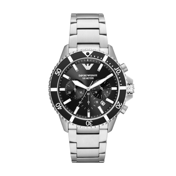 Armani heren pols horloge uit de Certilogo Collectie. Staal met stalen band quartz chronograaf met zwarte wijzerplaat. 10 ATM waterdicht.