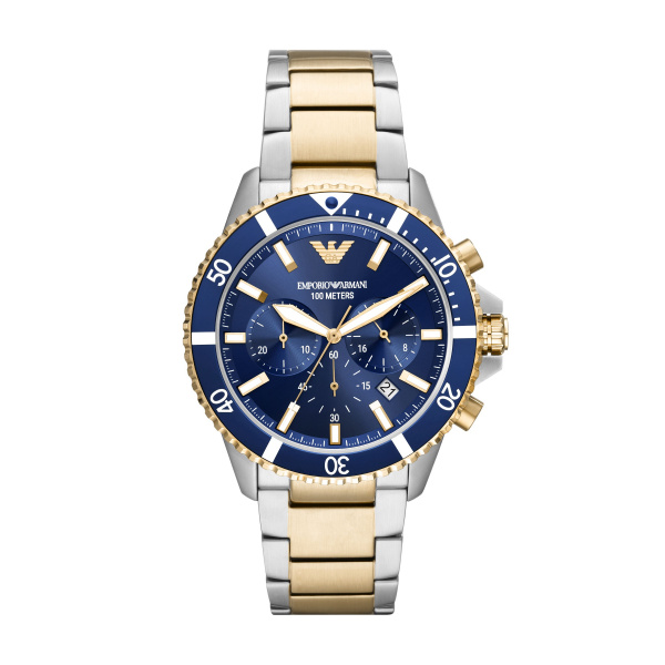Armani herenhorloge. Roestvrij stalen bicolor horlogeband en kast. Blauwe wijzerplaat. 43 mm diamater. 10 ATM waterdicht.