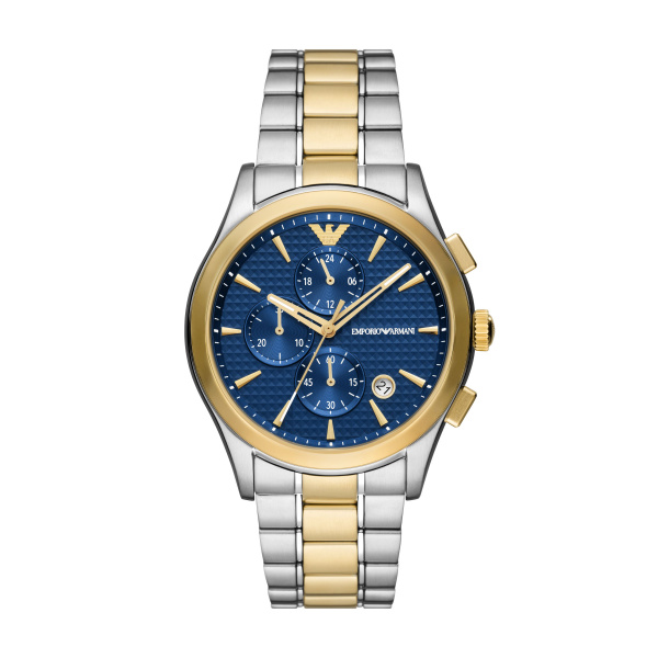 Armani horloge uit de CERTILOGO serie. Roestvrijstaal - bicolor - blauwe wijzerplaat - datumweergave - chronograaf.