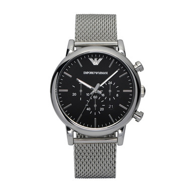Armani horloge met zilveren milanese band en zwarte wijzerplaat - chronograaf - datumweergave