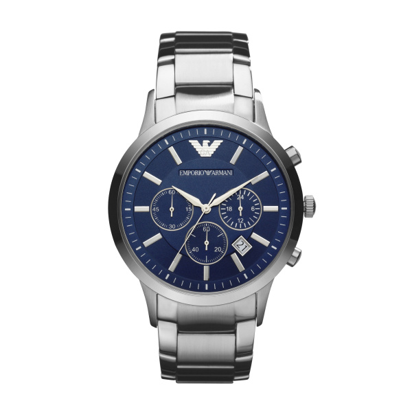 Armani horloge uit de RENATO serie. Stalen band en kast - blauwe wijzerplaat - diameter 43mm - datumweergave - chronograaf