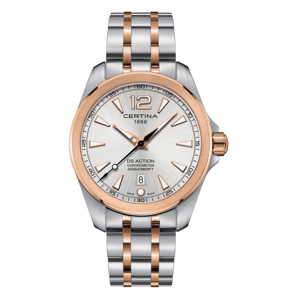 DS-Action chronometer heren staal/ros'e9 PVD brac. datum 200m WR met saffierglas