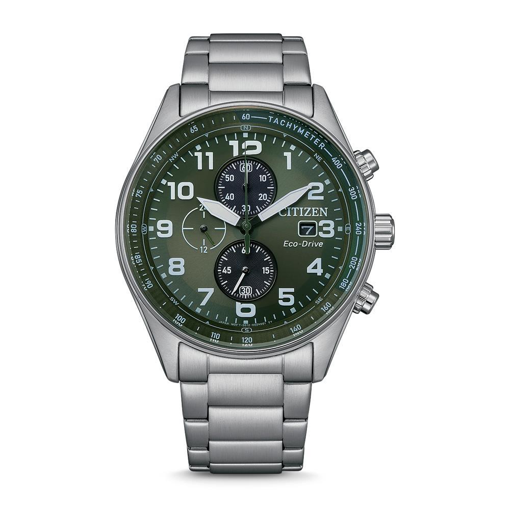 Citizen - Chronograaf, Eco-Drive, Cal: B612. 100m WR. Mineraalglas. Groene Wijzerplaat