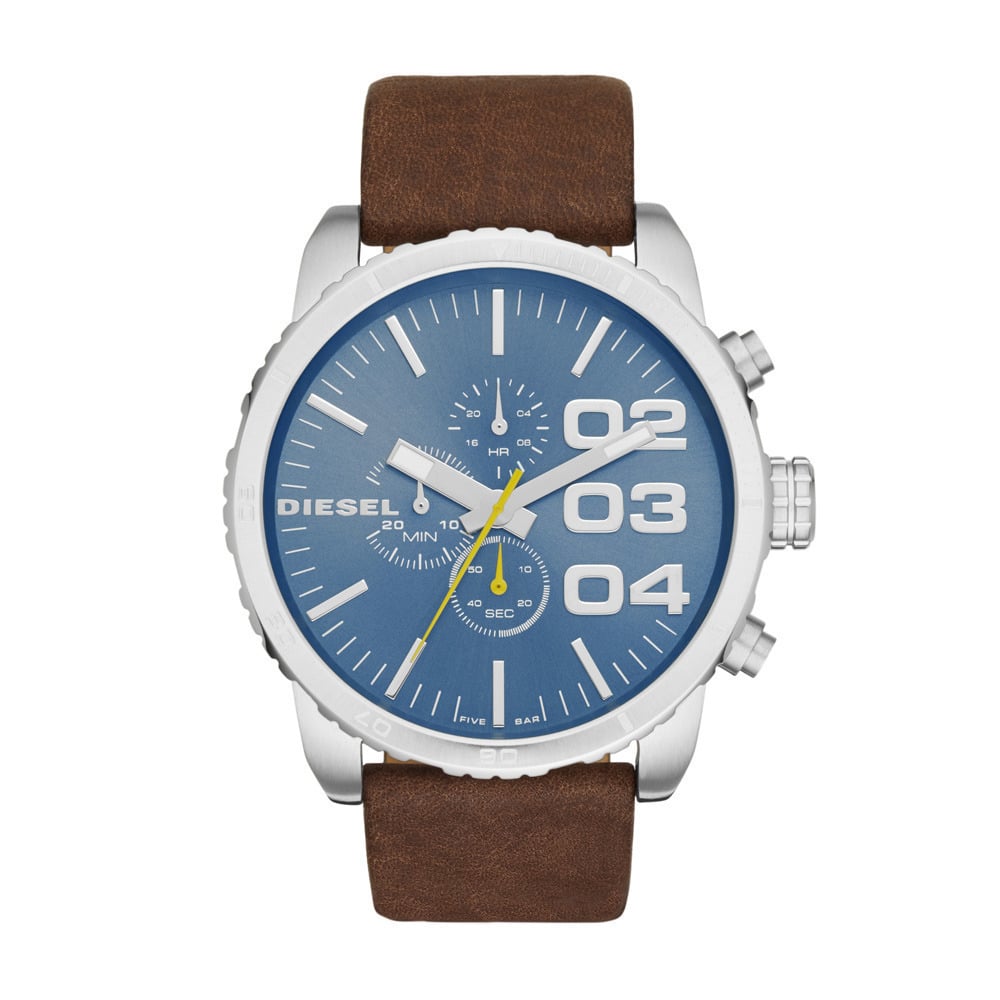 Diesel stalen herenhorloge chronograaf met blauwe wijzerplaat en bruine lerenband