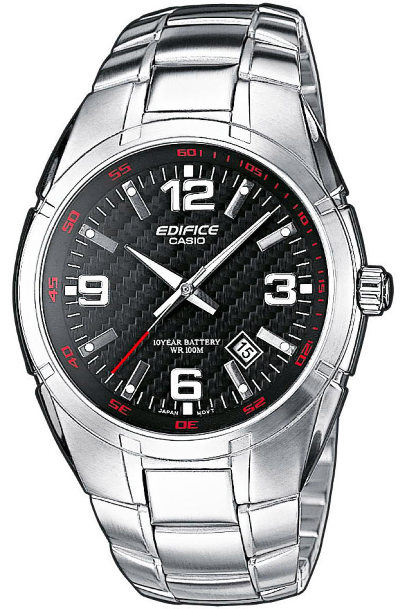 Batterijlevensduur van 10 jaar &bull; Datumweergave &bull; Achterkant met schroefvergrendeling &bull; Wijzerplaat met koolstofvezelpatroon &bull; Waterbestendig tot 100 meter &bull; Roestvrijstalen kast en band