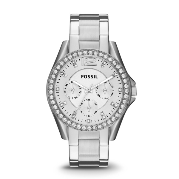Fossil stalen dameshorloge met zirconia lunet