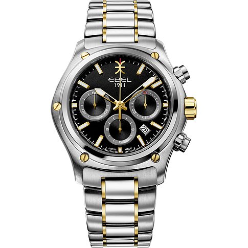 EBEL 1911 - 1216619 heren pols horloge. Edelstalen kast gecombineerd met 18 karaat geel goud. Ø 44 mm. Zwarte wijzerplaat. met chronogaaf en datum aanduiding. Ontspiegeld Saffier glas en Saffier glazen achter deksel. Edelstalen band met goud accenten en klap sluiting. Zwitsers uurwerk mechanisch chronograaf. 10 ATM waterdicht. Wordt geleverd met een extra zwarte kalfslederen band.