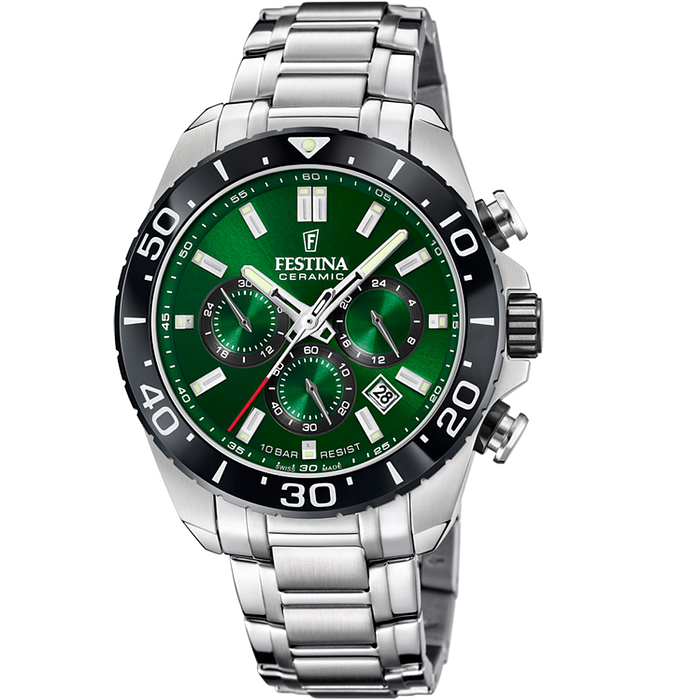 Festina - Quartz, Chronograaf met Ceramic Bezel, 100m WR, Saffierglas, groene wijzerplaat