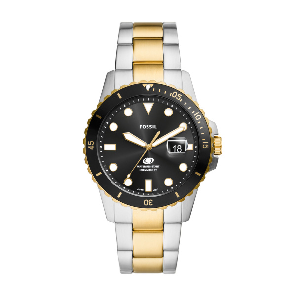 Fossil heren pols horloge staal bicolor met stalen band zwarte wijzerplaat. 10 ATM waterdicht.