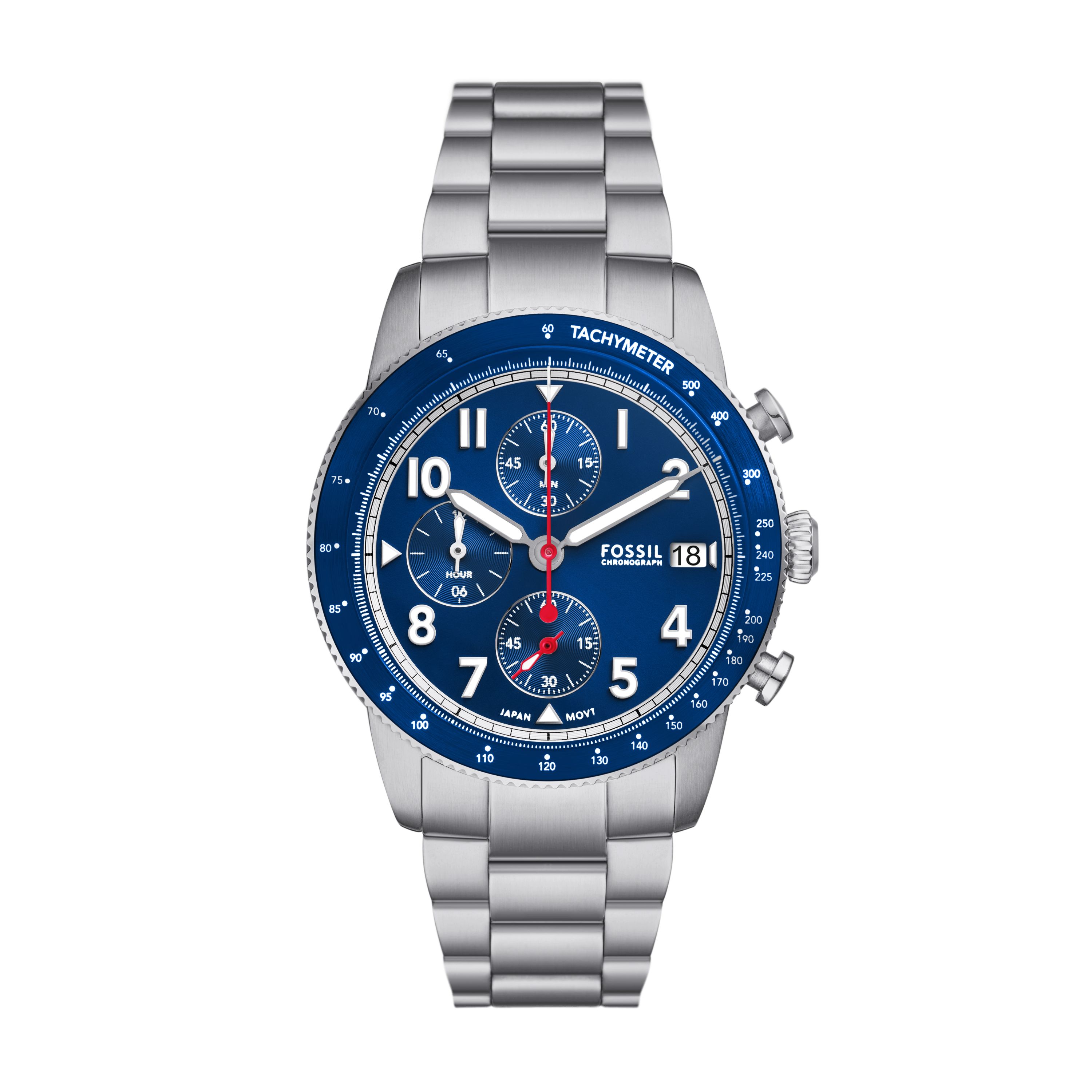 Fossil heren pols horloge staal met stalen bamnd blauwe wijzerplaat en blauwe kastring. 5 ATM waterdicht.