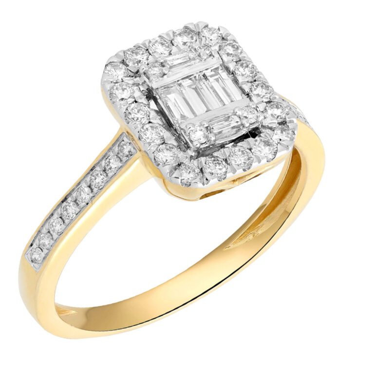 Deze ring van Louis Bros zijn vervaardigd uit 14 karaat geelgoud met wit rhodium (2.79 gr.) en is gezet met 5-0.13 baguette/38-0.34 briljant geslepen diamanten met een totaalgewicht van 0.47 ct.
 Verkrijgbaar vanaf 0.10crt .
Leverbare goudkleuren: 14/18kts geelgoud, 14/18kts witgoud, 14/18kts roségoud en alle bicolor combinaties.
