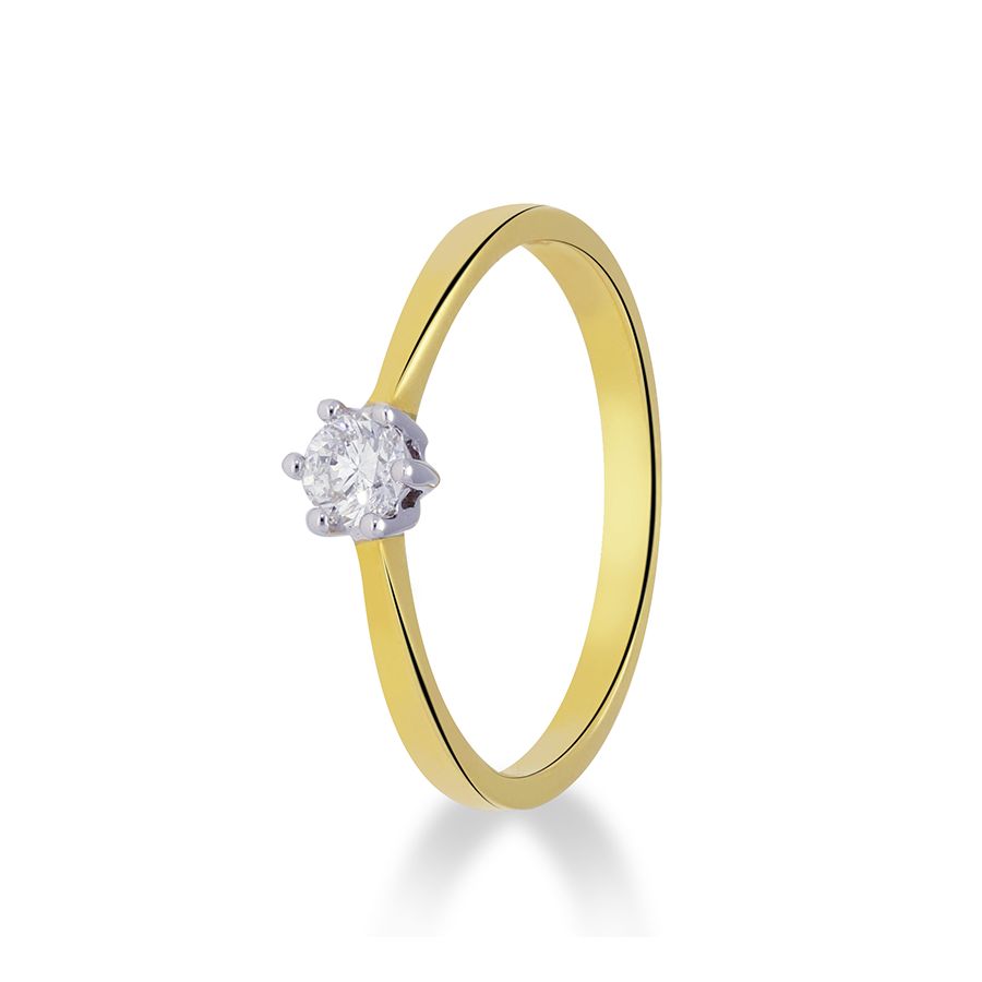 14 krt geelgouden solitair ring met 6-poots zetting en een diamant briljant geslepen 0.20 Crt H SI.