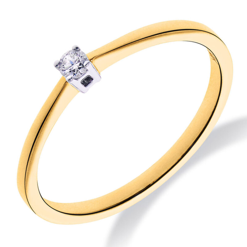 14 krt geelgouden solitairring met witgouden zetting waarin diamant briljant geslepen  0.07 crt H/SI 