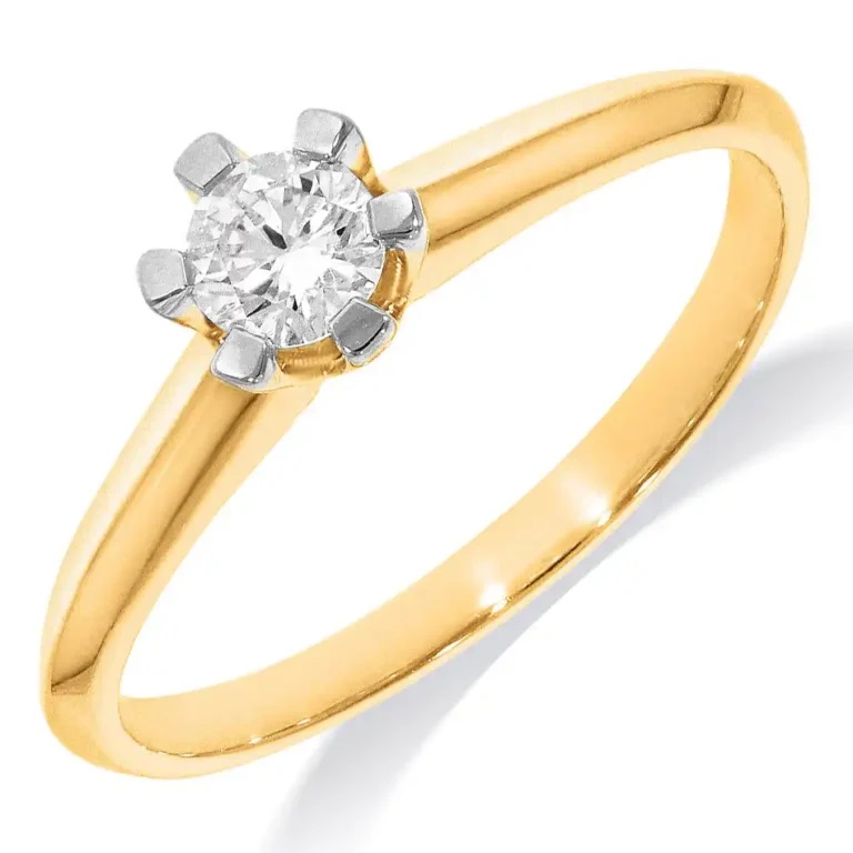 14 kr gouden  Solitair dames (aanzoeks)ring.
Bezet met briljant geslepen diamanten.
0.20 CT 
H-SI 
(Al onze diamanten sieraden worden gecertificeerd geleverd)