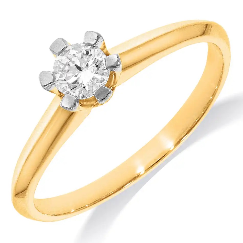 14 kr geel gouden Solitair dames (aanzoeks)ring.
Bezet met briljant geslepen diamanten.
1-0.25 CT  Briljant geslepen
H-SI
(Al onze diamanten sieraden worden gecertificeerd geleverd)

