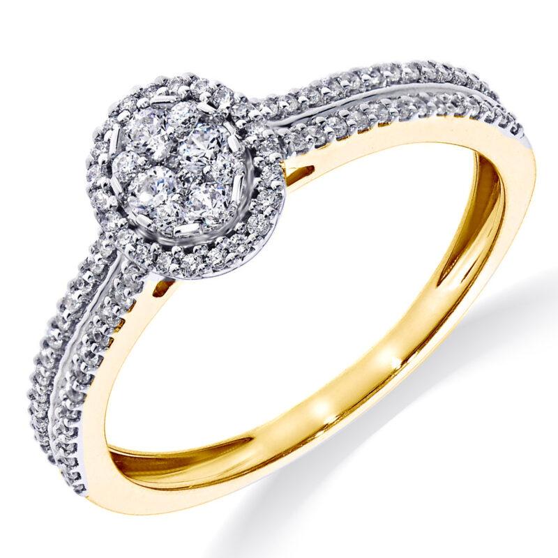 een 14 krt geelgouden ring met 84 diamant stenen cluster ovaal en zijstenen totaal 0.37 Crt H SI.