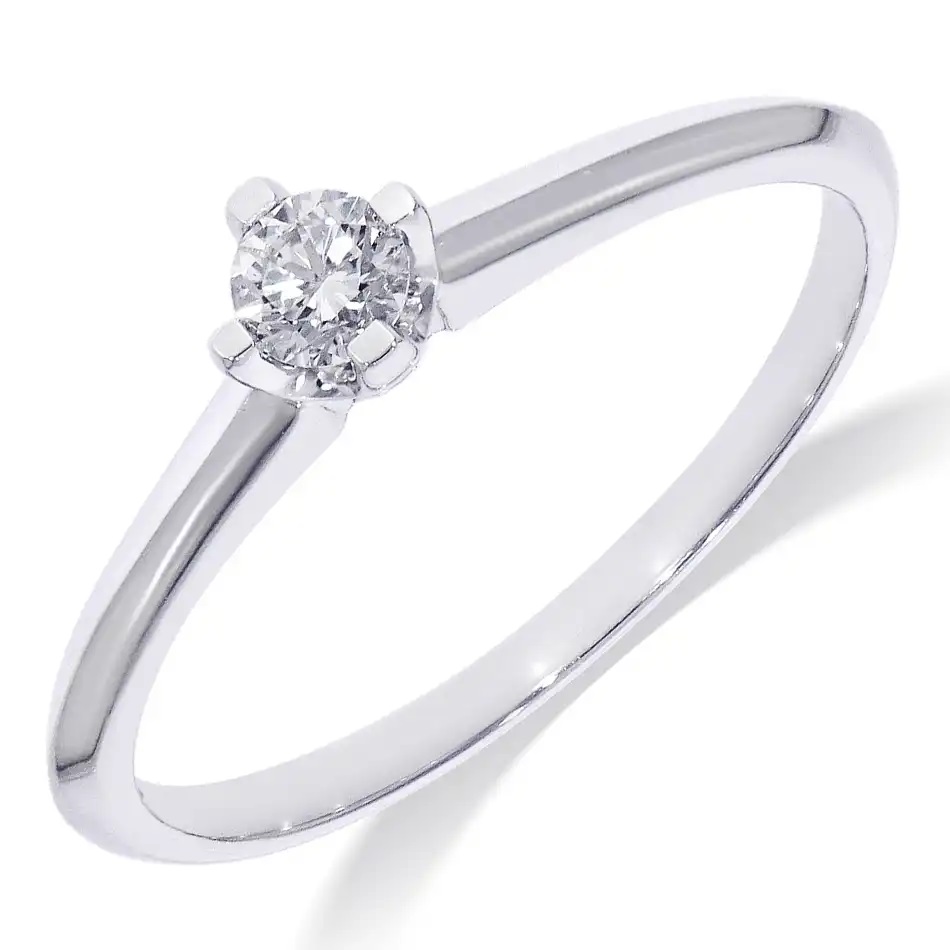 14 kr wit gouden Solitair dames (aanzoeks)ring.
Bezet met briljant geslepen diamanten.
1-0.15 CT  Briljant geslepen
H-SI
(Al onze diamanten sieraden worden gecertificeerd geleverd)