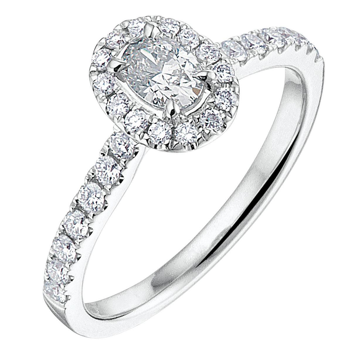 18 kr wit gouden Halo dames (aanzoeks)ring.
Bezet met briljant geslepen diamanten.
28-0.27 CT Briljant geslepen
1-0.30 CT  Ovaal geslepen
H-SI 
(Al onze diamanten sieraden worden gecertificeerd geleverd)
