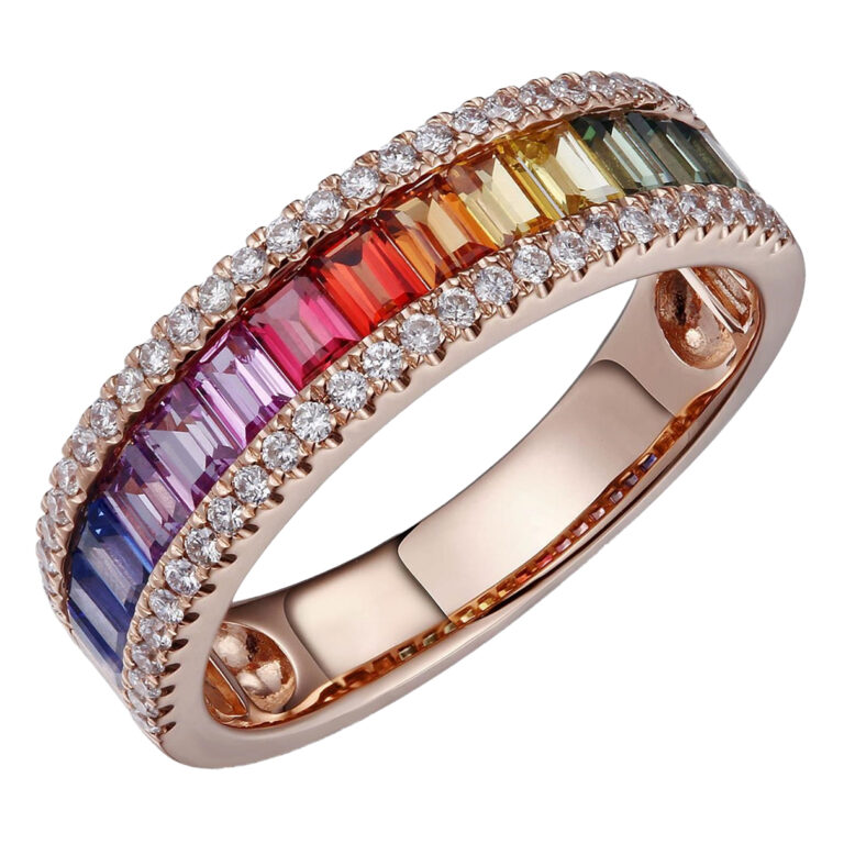 Deze ring van Louis Bros is vervaardigd uit 18 karaat roségoud  (3.5 gr.) en is gezet met 54 briljant geslepen diamanten met een totaalgewicht van 0.26ct en 14 saffier 1.39ct. De ring heeft een breedte van 5mm, en een dikte van 3mm en een hoogte van 3.75 mm. De combinatie van de tijdloze elegantie van diamant en de levendige pracht van regenboogkleuren saffier maakt deze ring tot een meesterwerk van vakmanschap en esthetiek. Het is niet alleen een sieraad, maar een symbool van liefde, vreugde en de oneindige schoonheid van het leven zelf. Met deze ring draag je niet alleen een stukje juwelen, maar ook een stukje van jezelf, stralend en schitterend, elke dag opnieuw.
De ring is verkrijgbaar in meerdere afmetingen.