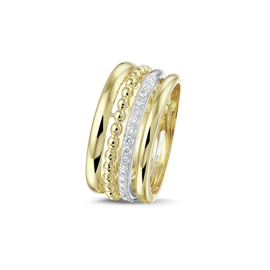 een 14 krt geelgouden fantasie ring met 19 diamanten briljant geslepen totaal 0.17 crt H Si.