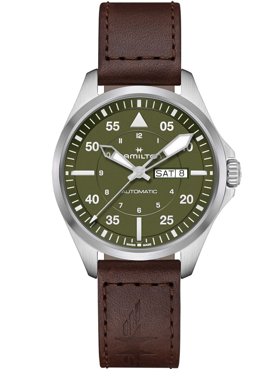 Hamilton horloge Khaki pilot , dag datum,42mm , groen wijzerplaat, bruin leren band 10atm