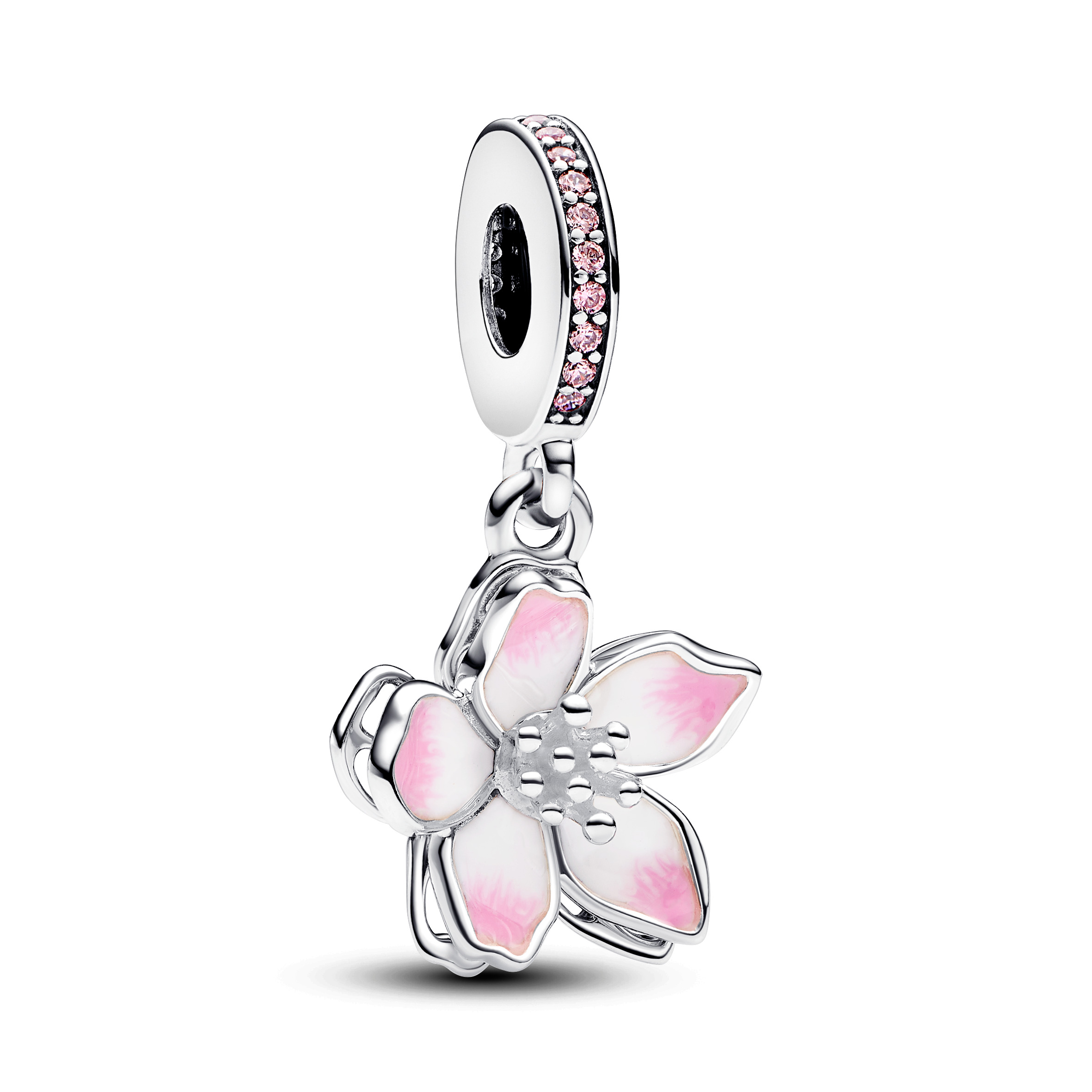 790667C01 Movable cherry blossom sterling silver dangle with fancy pink cubic zirconia and shaded pink enamel