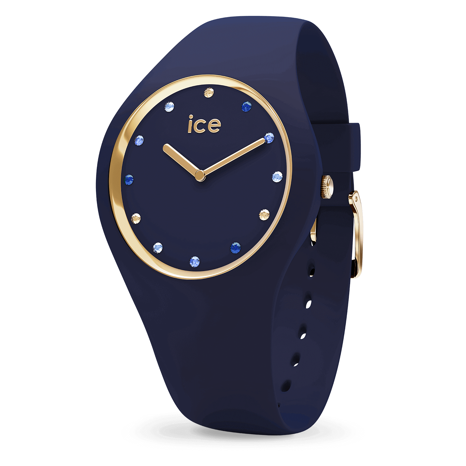 Donkerblauw ICE Cosmos dames horloge met steentjes op de blauwe wijzerplaat. 10 ATM waterdichtheid. 
