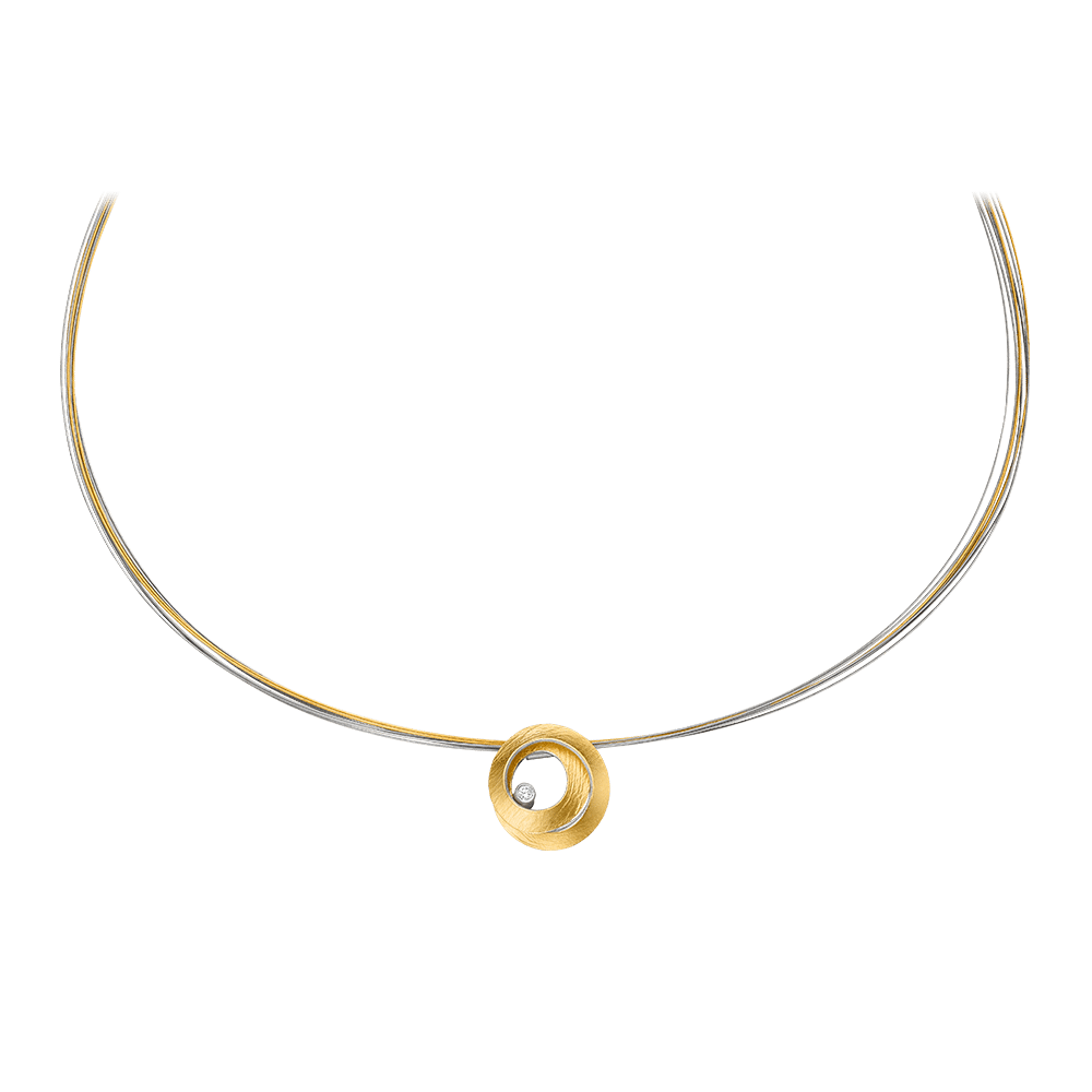 Manu Schmuck zilveren hanger met 22kt. goud en diamant aan een stalen bicolor spang