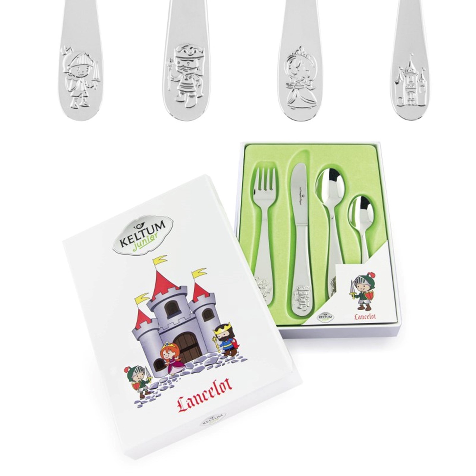 Keltum stalen kinderbestek 4 delig ridder lancelot.
Bij aankoop in de winkel wordt het bestek gratis gegraveerd met een naam of een datum terwijl u wacht.