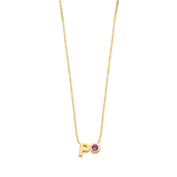 Minioro gouden collier met edelsteen (milestone) en initiaal naar keuze (prijs met diamant +€60,-)