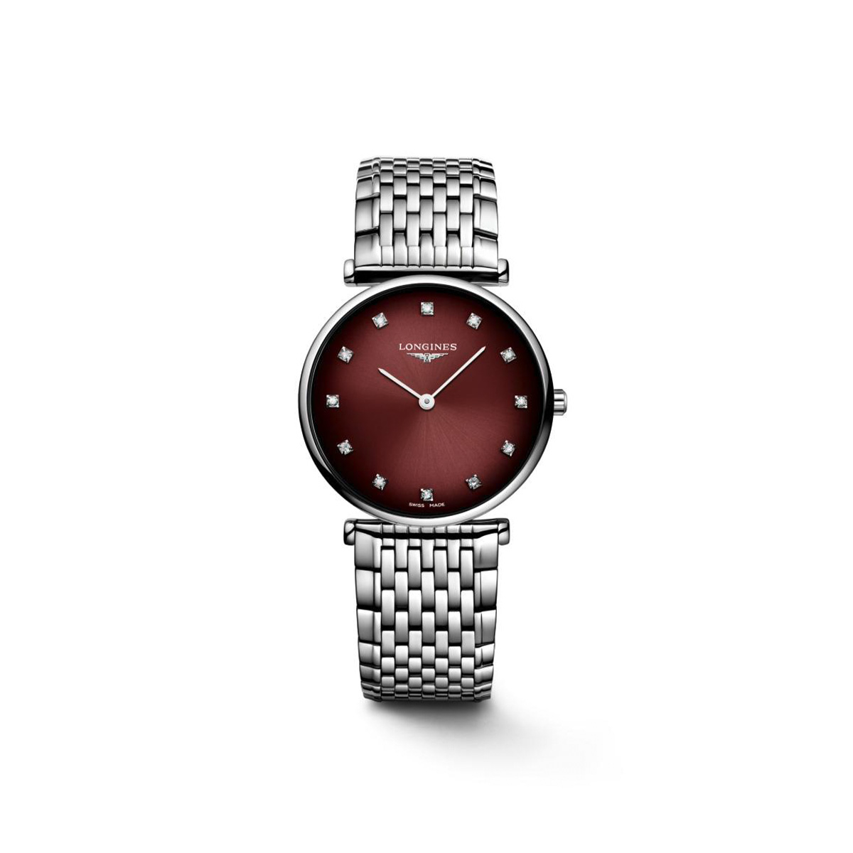 Polshorloge Longines model La Grande Classique met een bordeaux kleurige wijzerplaat en diamanten index.