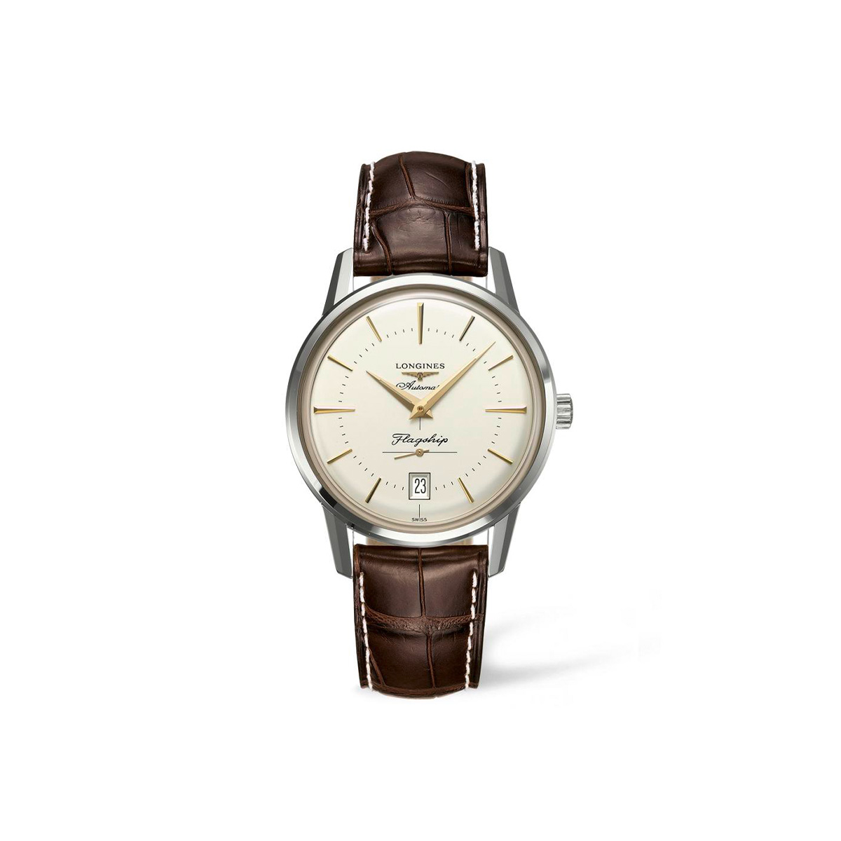 een heren polshorloge Longines model Flagship Heritage met een creme kleurige wijzerplaar en goudkleurige index.