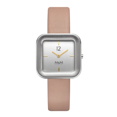 M&M Germanny dameshorloge staal vierkant, bicolor index en rose lerenband