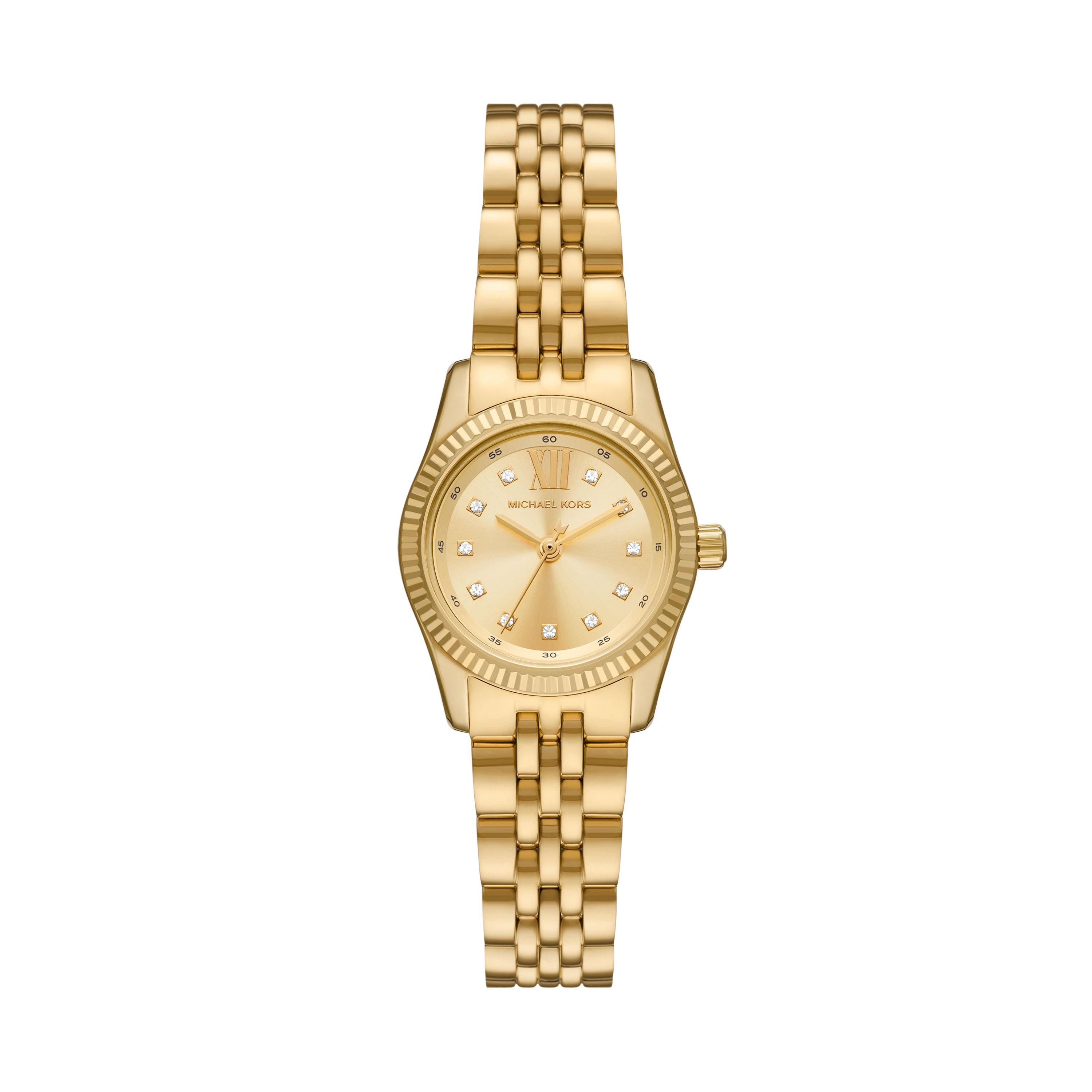 • Minihorloge
• Roestvrij staal
• Goudkleurige hardware
• Wijzers met siersteentjes
• Petite
• Kast van 26 mm
• Kwartsuurwerk met 3 wijzers
• Gespsluiting
• Waterdicht tot 5 atm
• 2 jaar garantie