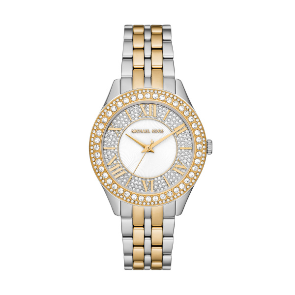 Dit stijlvolle Michael Kors horloge is vervaardigd uit zilverkleurig en goudkleurig staal en is voorzien van veel details. Zowel de buitenkant van de horlogekast als de wijzerplaat zijn gedecoreerd met kleine zirkonia steentjes voor een chique uitstraling. Het horloge heeft een diameter van 38 millimeter, heeft een comfortabele pasvorm en is gemakkelijk te combineren met andere sieraden.