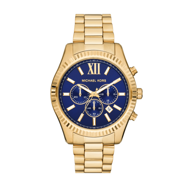Michael Kors Horloge, Lexington met goudkleurige band en blauwe wijzerplaat.
Kast doorsnede 44mm, 10 ATM