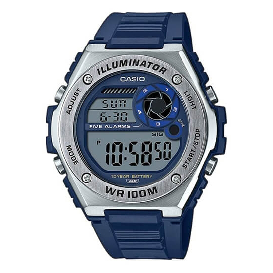 BATTERIJDUUR VAN 10 JAAR • Waterbestendig tot 100 meter • LED-achtergrondverlichting • 1/100 seconden stopwatch • Dubbele tijd • 5 multifunctionele alarme