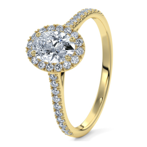 18 kr gouden Halo dames (aanzoeks)ring.
Bezet met briljant geslepen diamanten.
24-0.28 CT Briljant geslepen
1-0.30 CT  Ovaal geslepen GIA gecertificeerd
H-SI 
(Al onze diamanten sieraden worden gecertificeerd geleverd)


